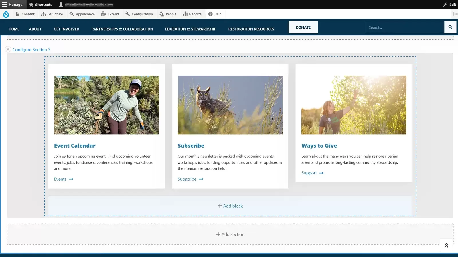 Screen capture of a Drupal CMS Layout Builder feature.